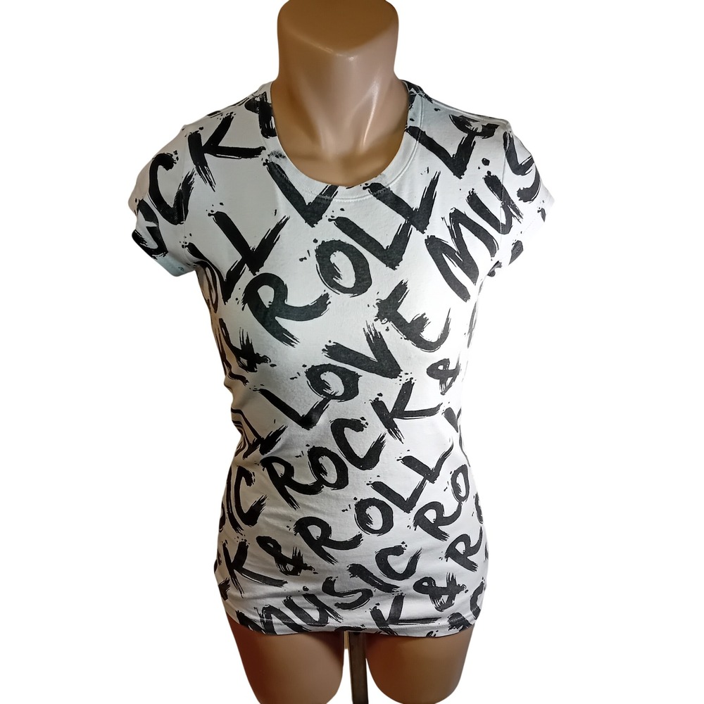Y2K Streetwear Society Juniors Graphic Tee Shirt Rock N Roll Music Print Emo L